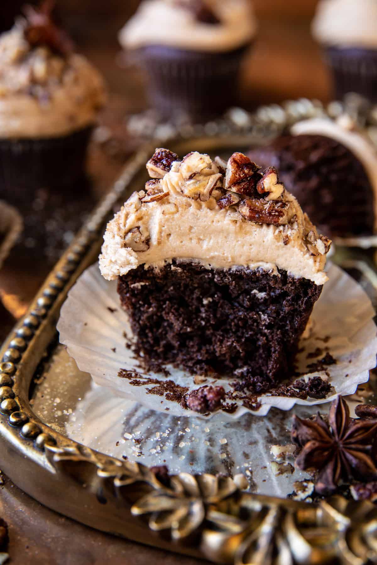 Chocolate Bourbon Chai Latte Cupcakes with Butter Pecan Frosting | halfbakedharvest.com