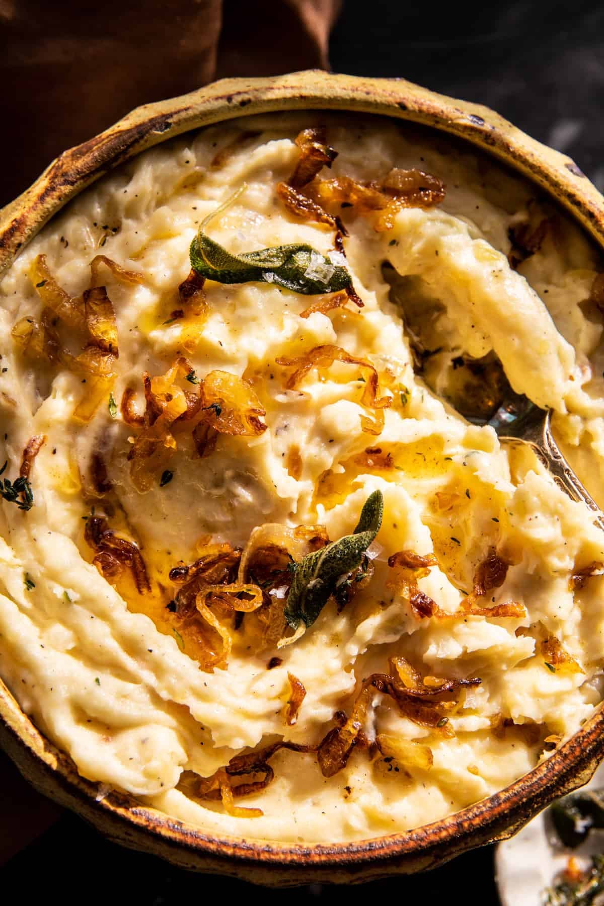 Crockpot Cheesy Mashed Potatoes with Caramelized Onions | halfbakedharvest.com
