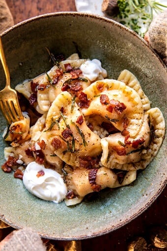 Sweet Potato Cheddar Pierogi with Bacon Bits | halfbakedharvest.com