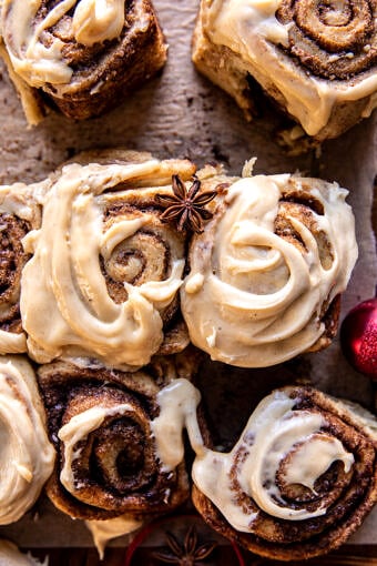 Fluffy Christmas Cinnamon Rolls with Caramel Cream Cheese Icing | halfbakedharvest.com