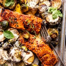Sheet Pan Honey Mustard Salmon with Caesar Roasted Potatoes | halfbakedharvest.com