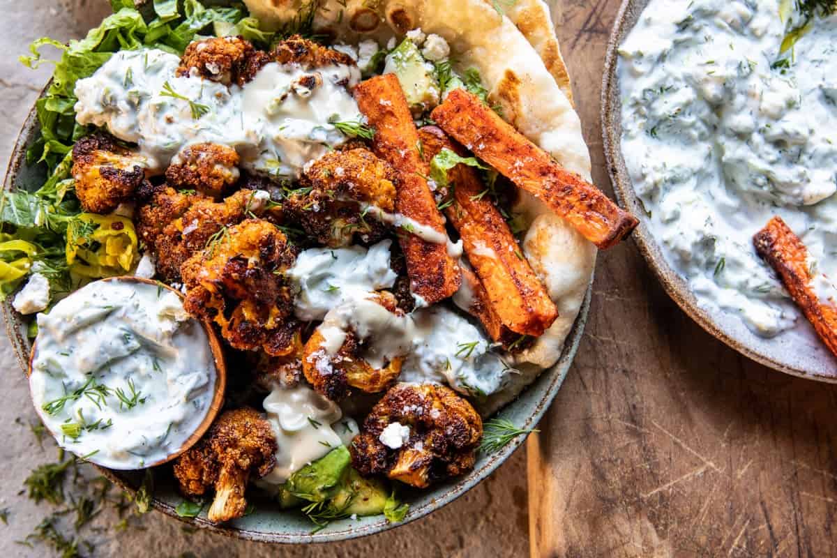 Cauliflower Tzatziki Bowls with Sweet Potato Fries | halfbakedharvest.com
