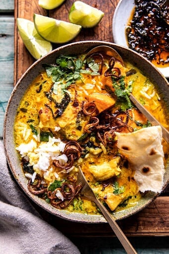 Crockpot Coconut Chicken Curry with Crispy Shallot Basil Oil | halfbakedharvest.com