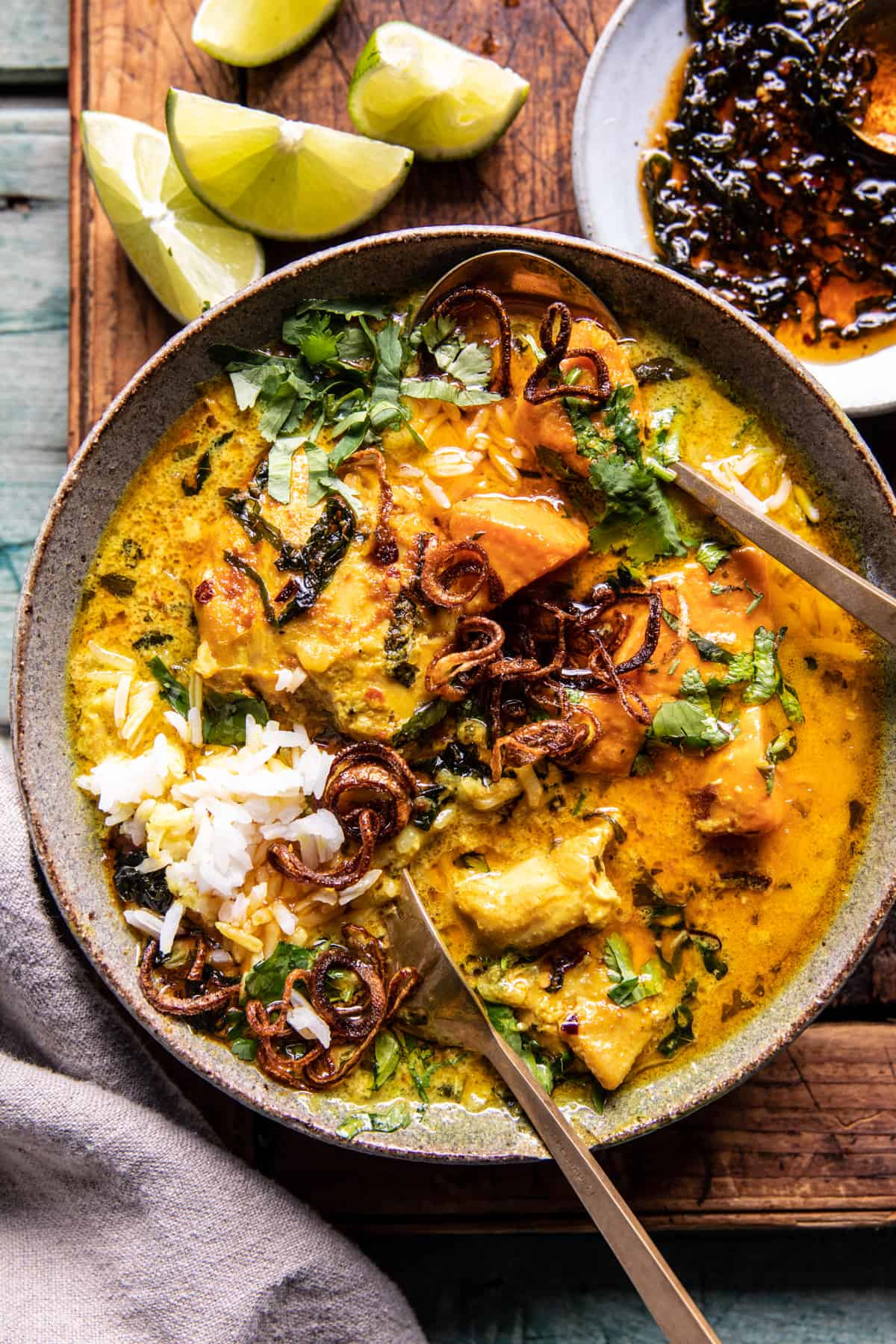 Crockpot Coconut Chicken Curry with Crispy Shallot Basil Oil | halfbakedharvest.com