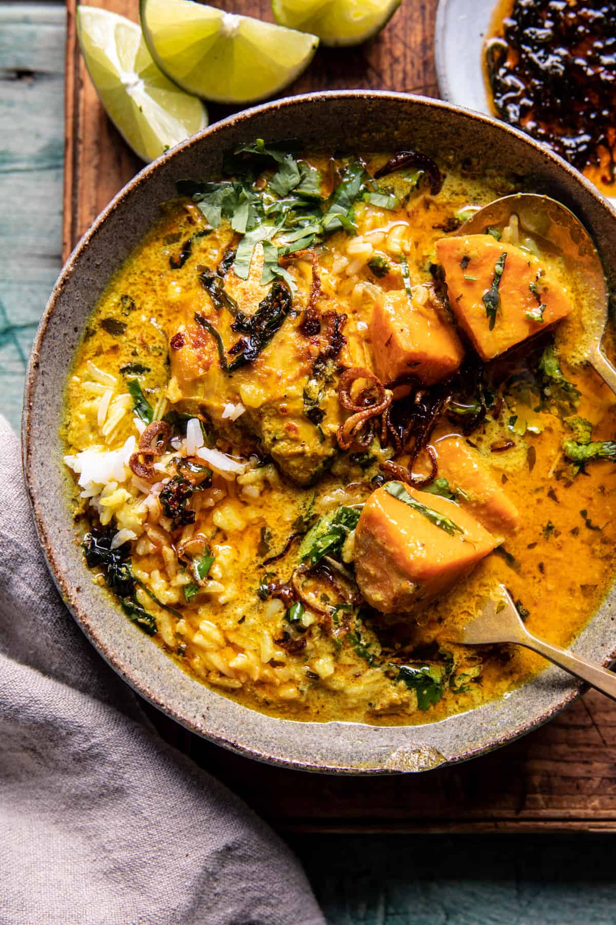 Crockpot Coconut Chicken Curry with Crispy Shallot Basil Oil | halfbakedharvest.com