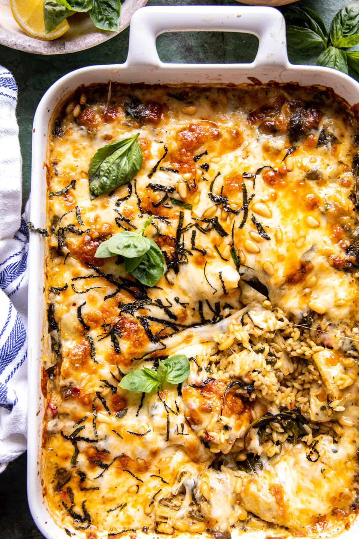 One Pan Spinach and Artichoke Orzo Bake | halfbakedharvest.com