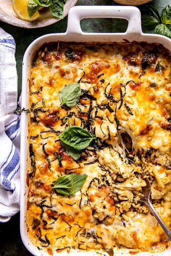 One Pan Spinach and Artichoke Orzo Bake | halfbakedharvest.com