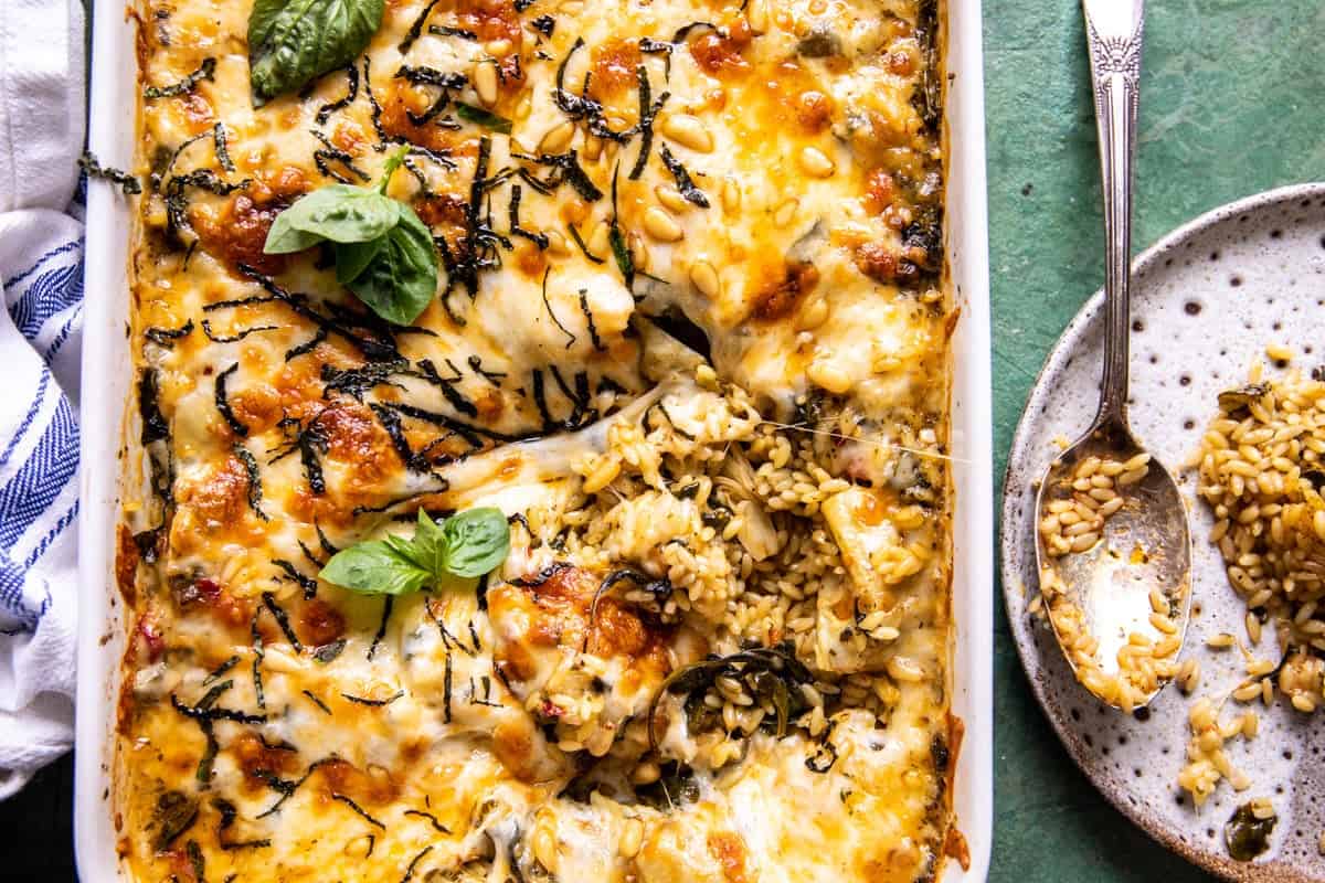 One Pan Spinach and Artichoke Orzo Bake | halfbakedharvest.com