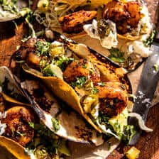 Sheet Pan Spicy Shrimp Tacos with Jalapeño Lime Crema | halfbakedharvest.com