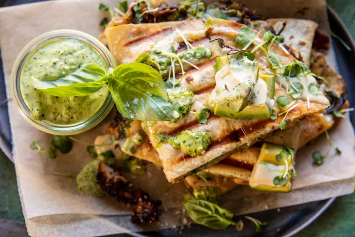 Black Pepper Chicken and Bacon Quesadillas with Avocado Basil Ranch | halfbakedharvest.com