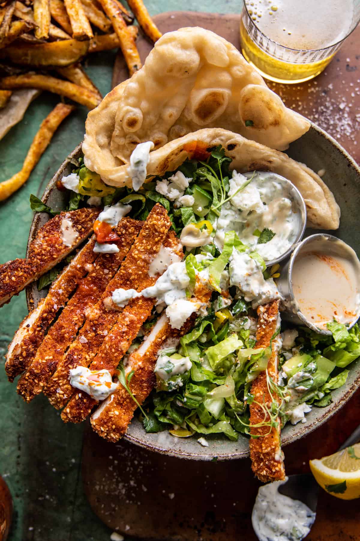 Sesame Chicken Schnitzel Bowls with Feta Tzatziki | halfbakedharvest.com