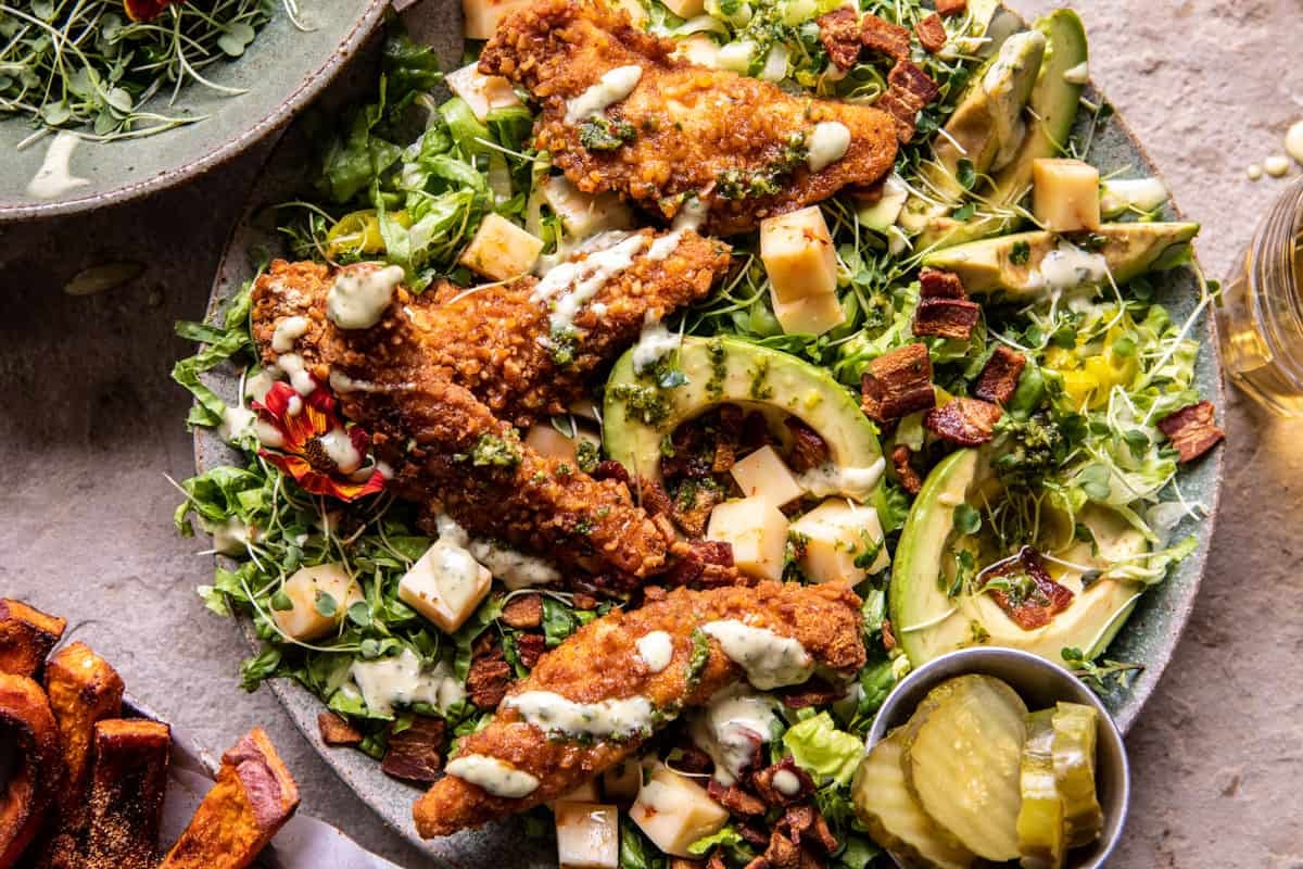 Black Pepper Pretzel Chicken And Avocado Bacon Salad halfbakedharvest.com