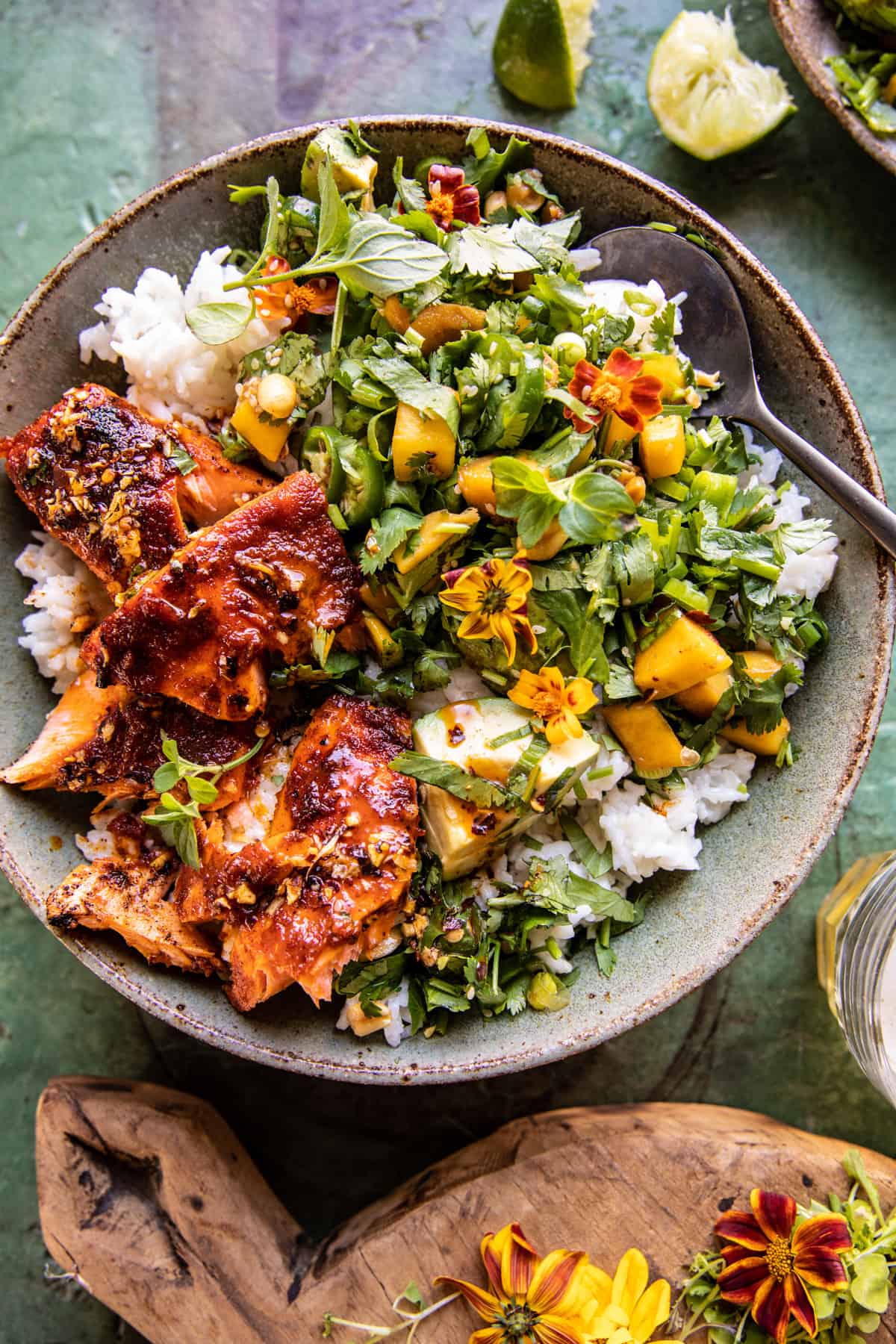 Chili Crisp Salmon Bowl with Avocado Mango Salsa | halfbakedharvest.com