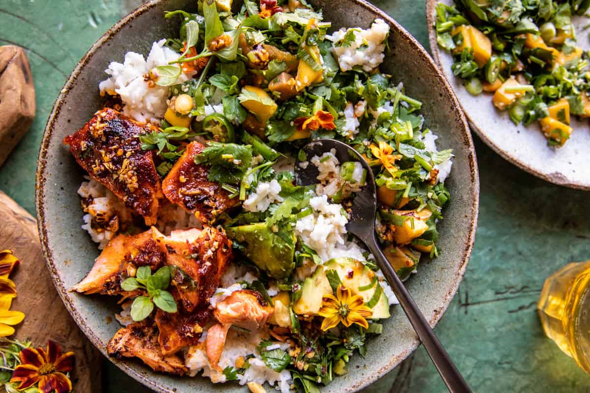 Chili Crisp Salmon Bowl with Avocado Mango Salsa | halfbakedharvest.com