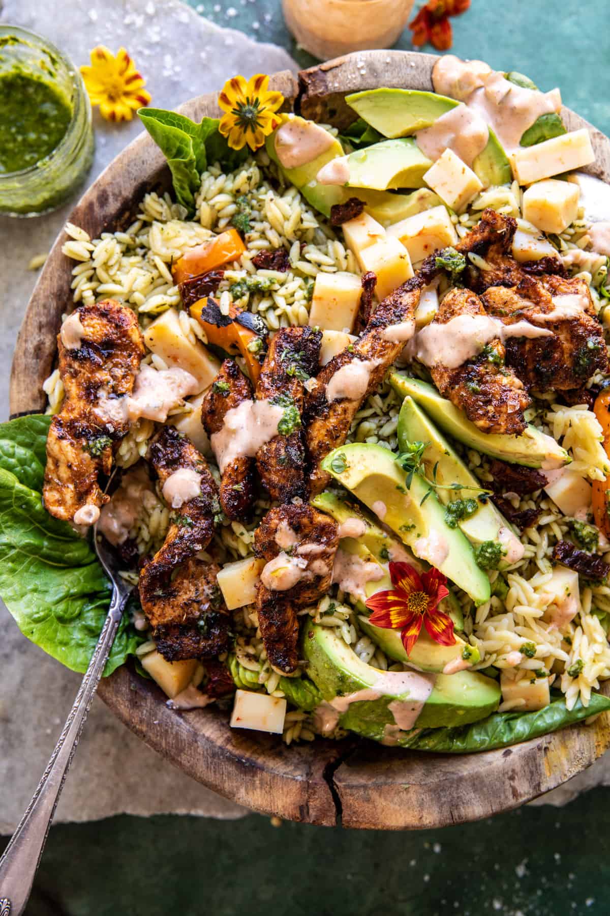 Pesto Chicken Avocado Orzo Salad | halfbakedharvest.com
