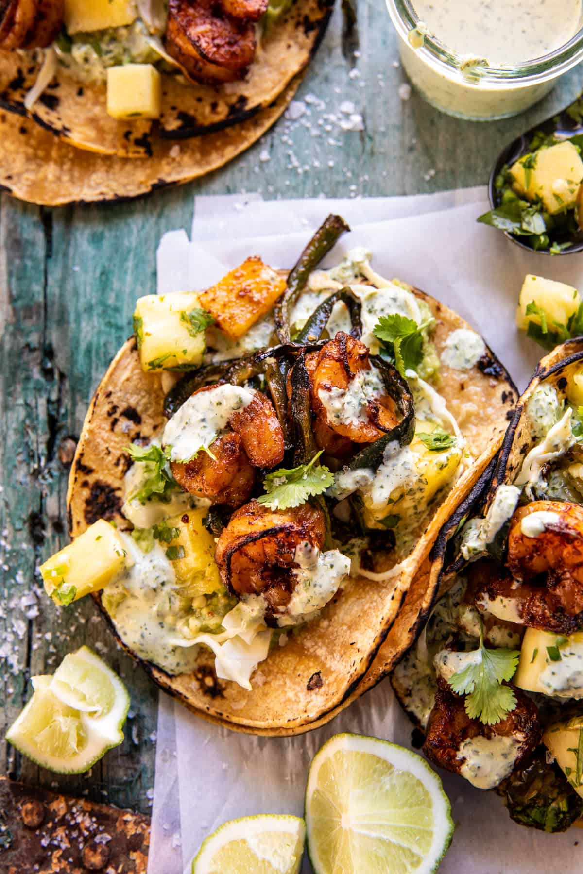 Quick Poblano Pineapple Shrimp Tacos with Cilantro Jalapeño Ranch | halfbakedharvest.com