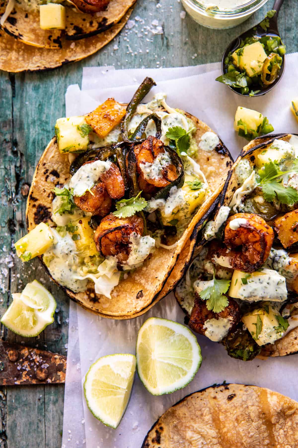 Quick Poblano Pineapple Shrimp Tacos with Cilantro Jalapeño Ranch | halfbakedharvest.com