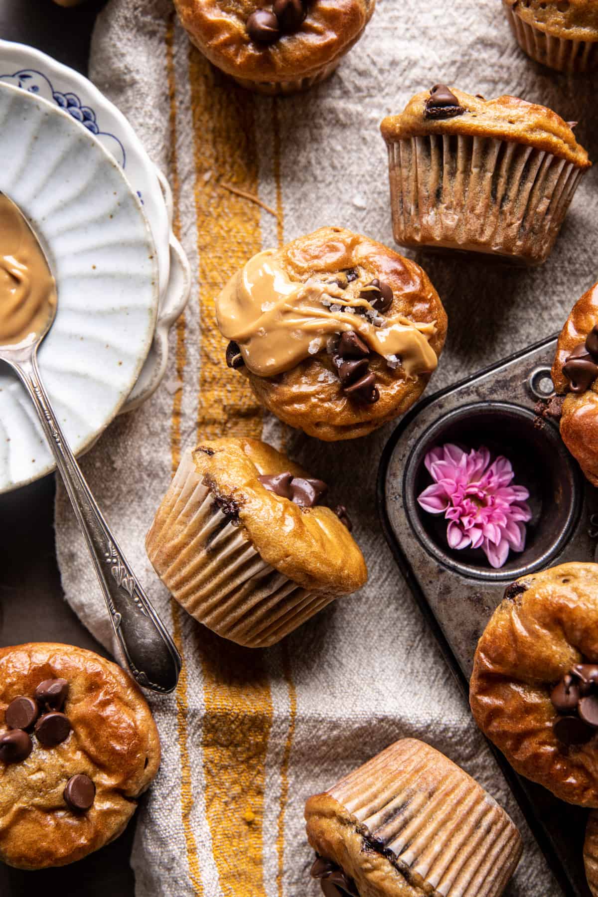 Blender Cottage Cheese Chocolate Chip Peanut Butter Banana Muffins | halfbakedharvest.com