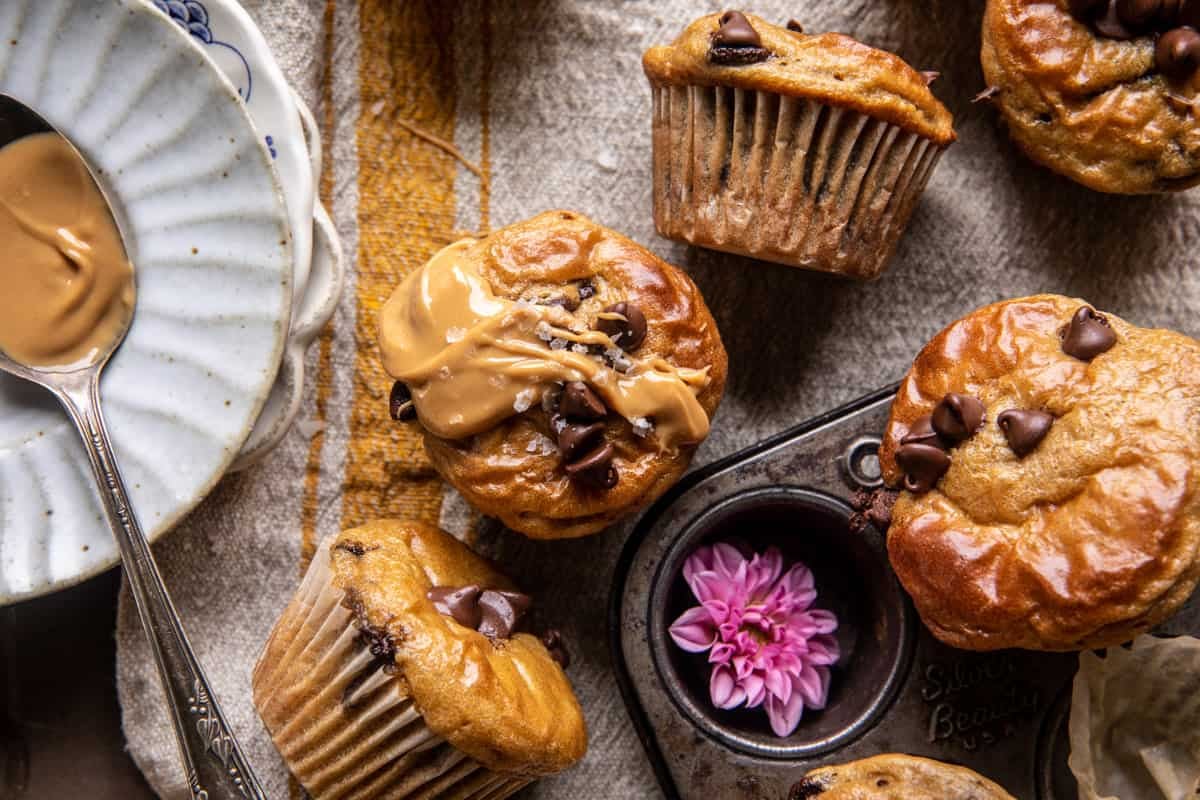 Blender Cottage Cheese Chocolate Chip Peanut Butter Banana Muffins | halfbakedharvest.com