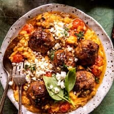 Crockpot Greek Chicken Meatballs with Creamy Tomato Orzo | halfbakedharvest.com