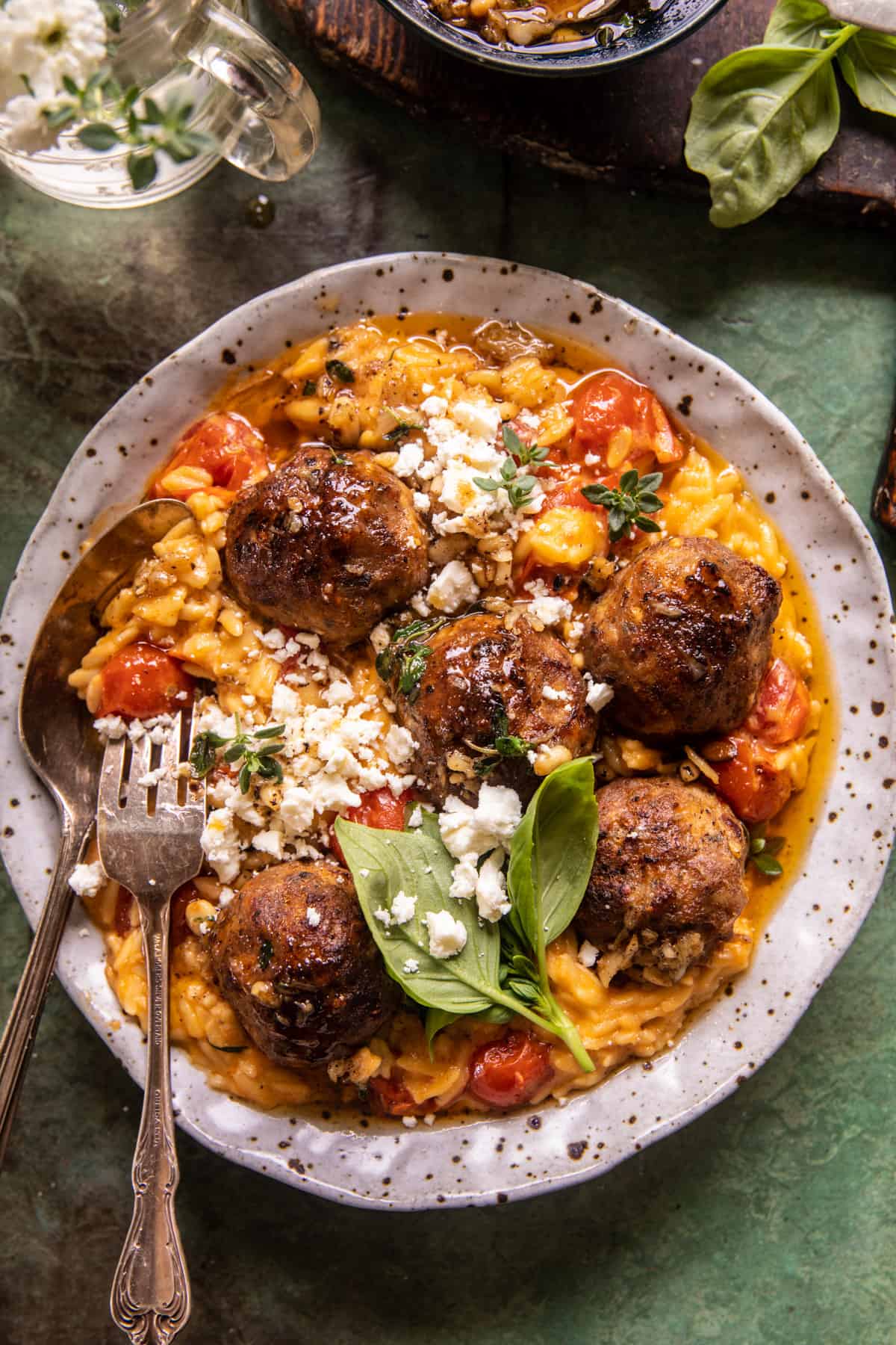 Crockpot Greek Chicken Meatballs with Creamy Tomato Orzo | halfbakedharvest.com