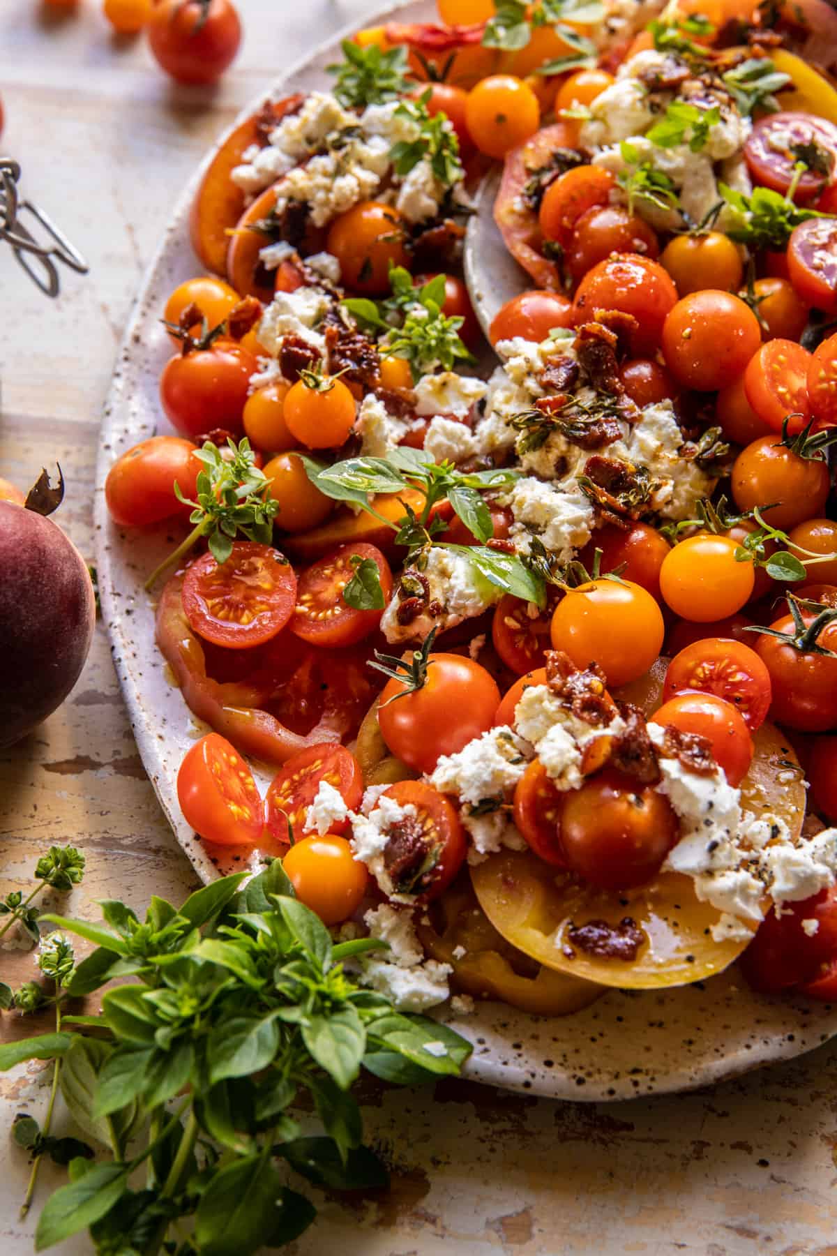Hot Bacon Tomato Peach Goat Cheese Salad | halfbakedharvest.com