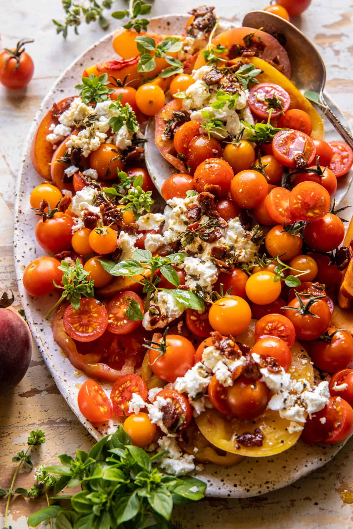 Hot Bacon Tomato Peach Goat Cheese Salad | halfbakedharvest.com