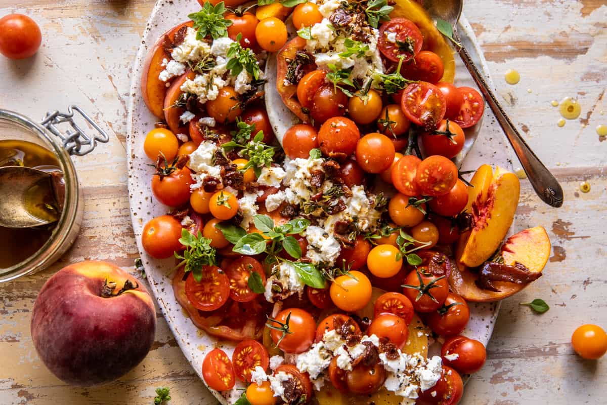 Hot Bacon Tomato Peach Goat Cheese Salad | halfbakedharvest.com