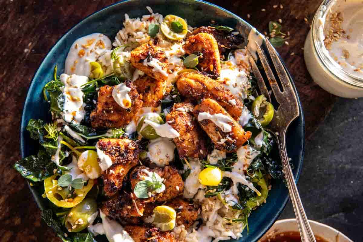 Greek Chicken Bowls with Tahini Feta Sauce | halfbakedharvest.com