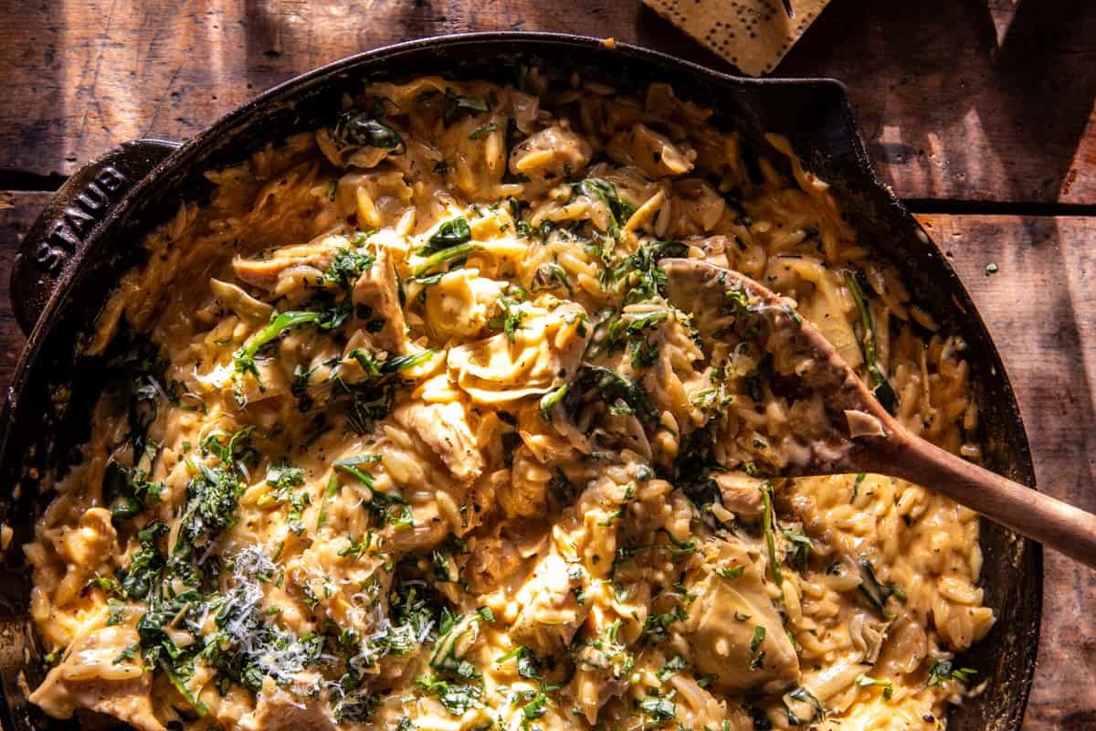 25 Minute Spinach and Artichoke Chicken Orzo | halfbakedharvest.com