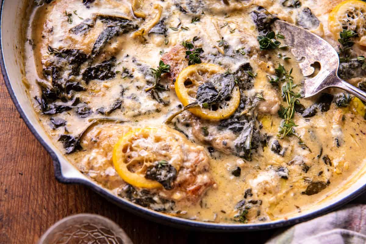 Lemon Butter Spinach and Artichoke Chicken | halfbakedharvest.com