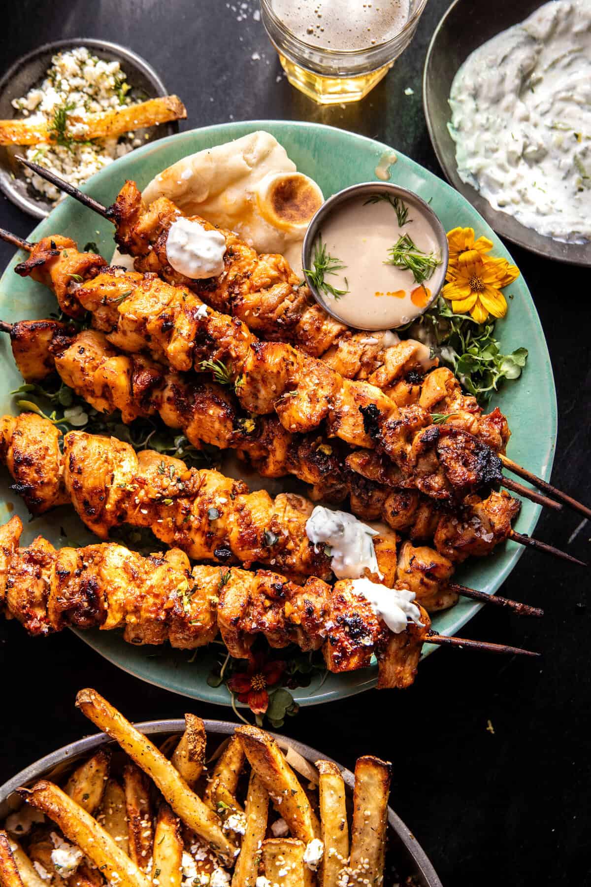Chicken Tzatziki Skewers with Feta Fries | halfbakedharvest.com