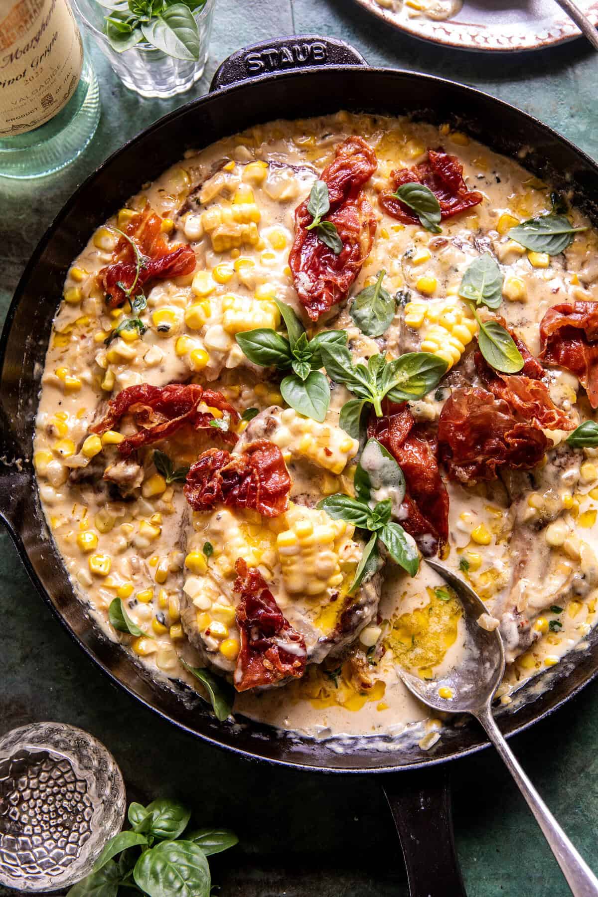 Garlic Butter Creamed Corn Pork Chops | halfbakedharvest.com