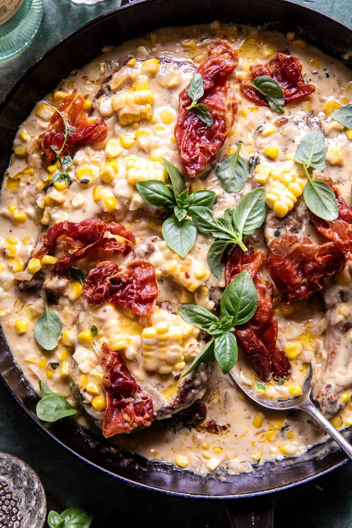 Garlic Butter Creamed Corn Pork Chops | halfbakedharvest.com