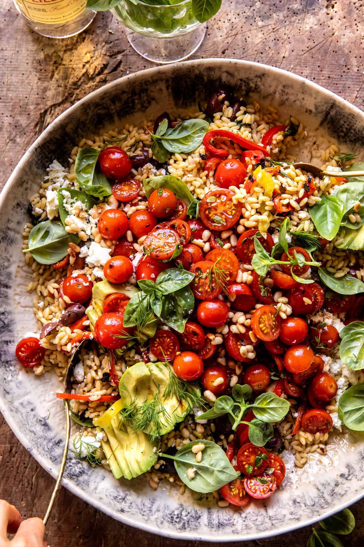 Greek Roasted Red Pepper Tomato Feta Orzo | halfbakedharvest.com