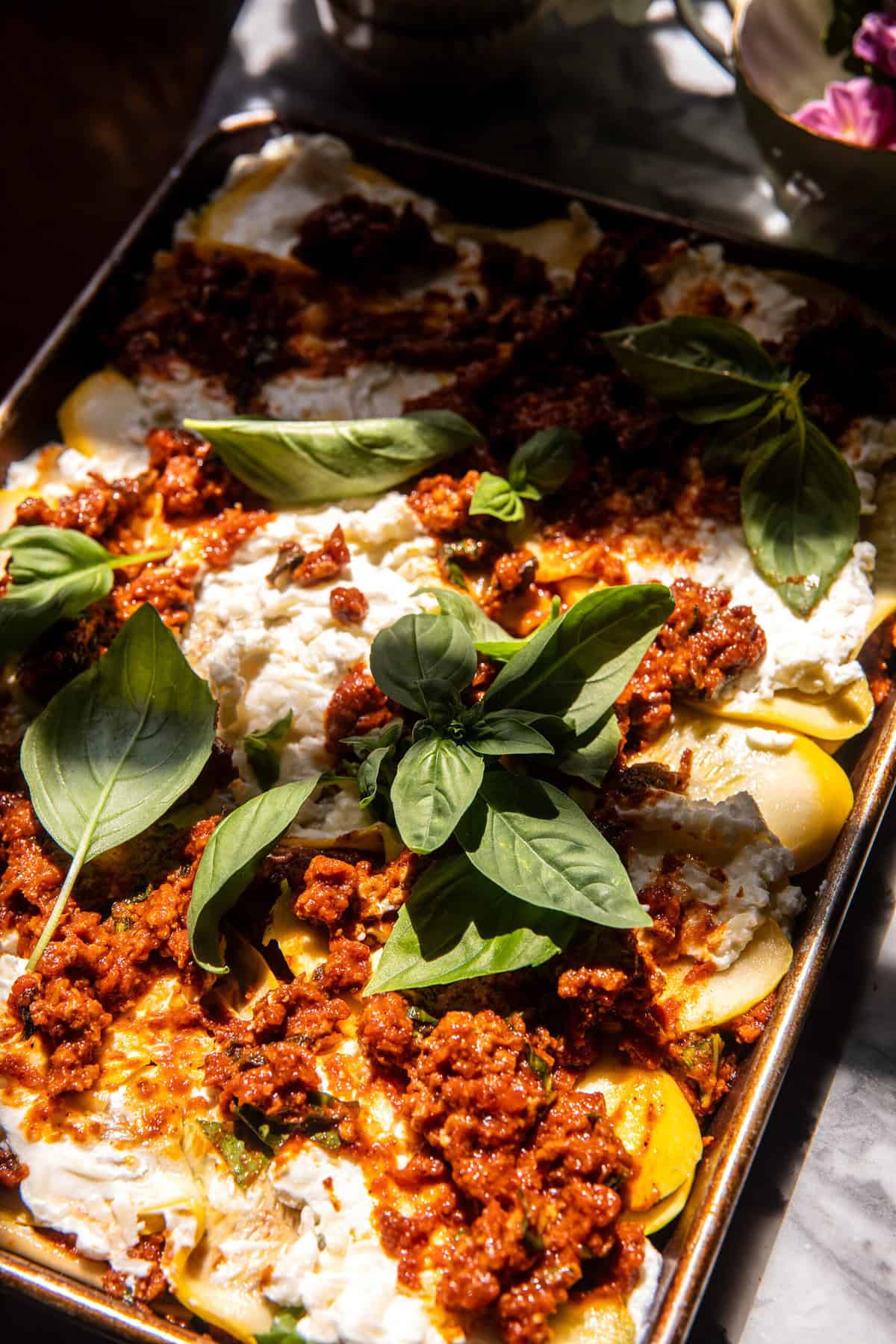 Sheet Pan Zucchini Lasagna with Garlic Croutons | halfbakedharvest.com