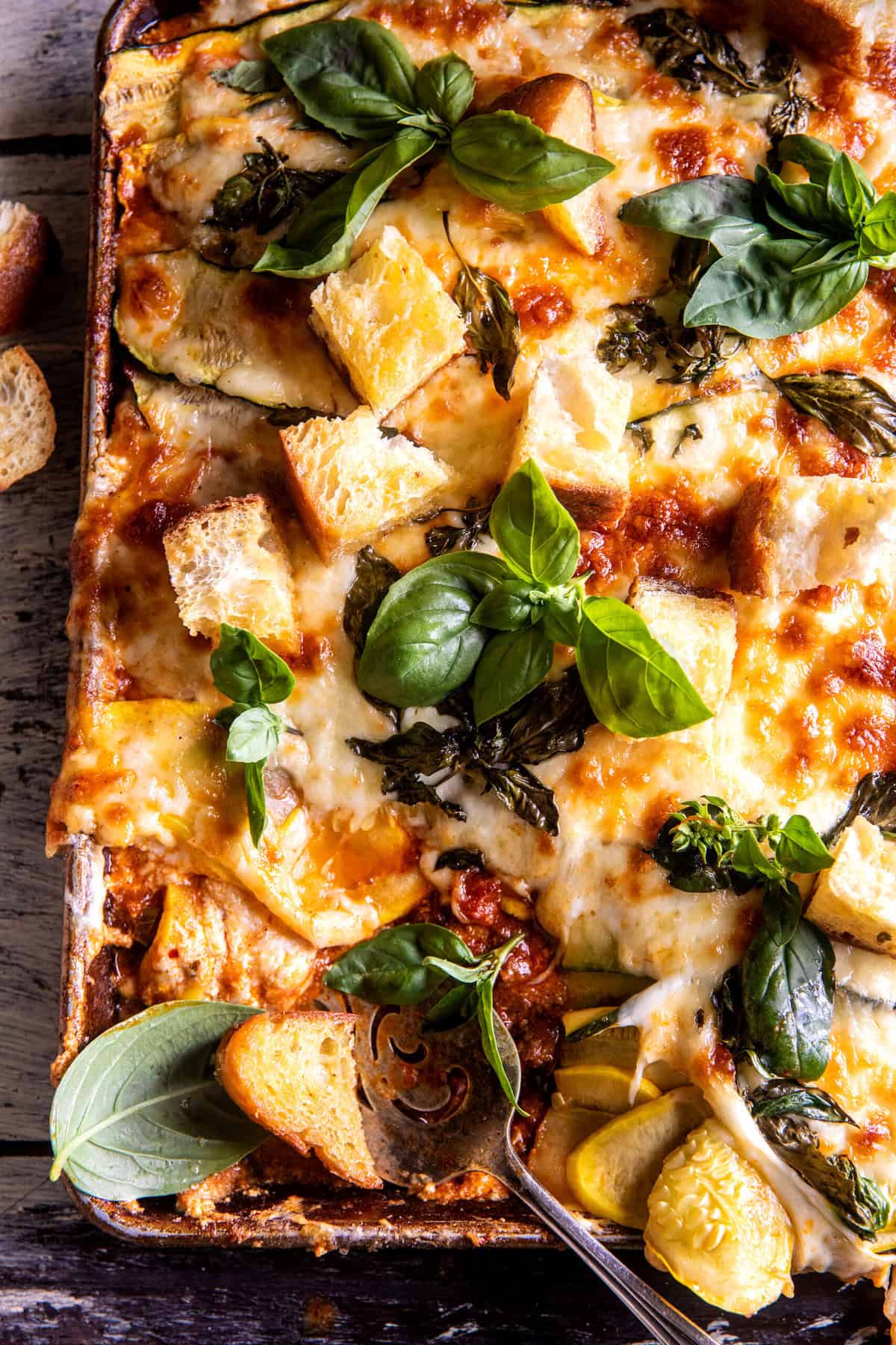 Sheet Pan Zucchini Lasagna with Garlic Croutons | halfbakedharvest.com