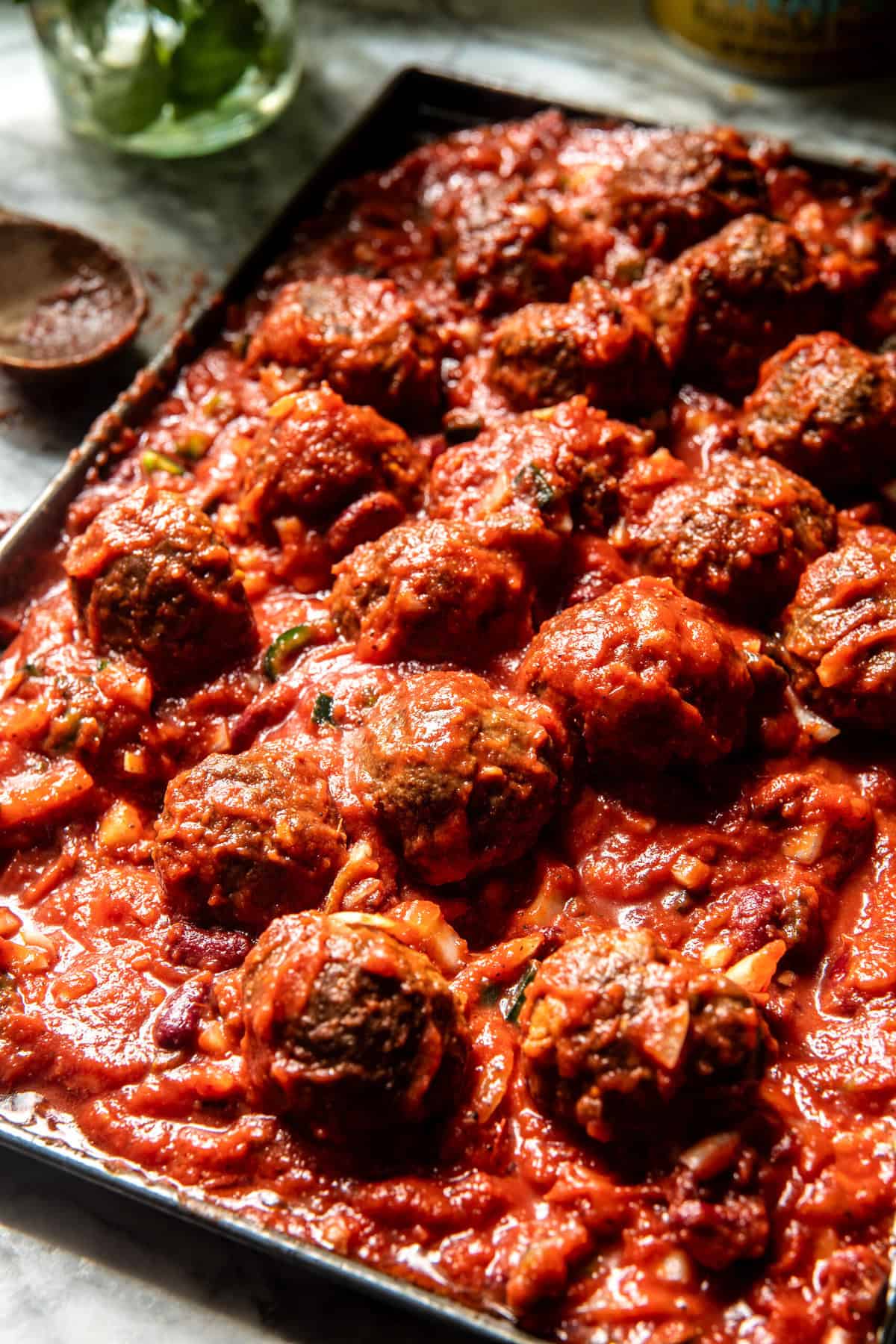 Baked Sheet Pan Chili Cheese Meatballs | halfbakedharvest.com