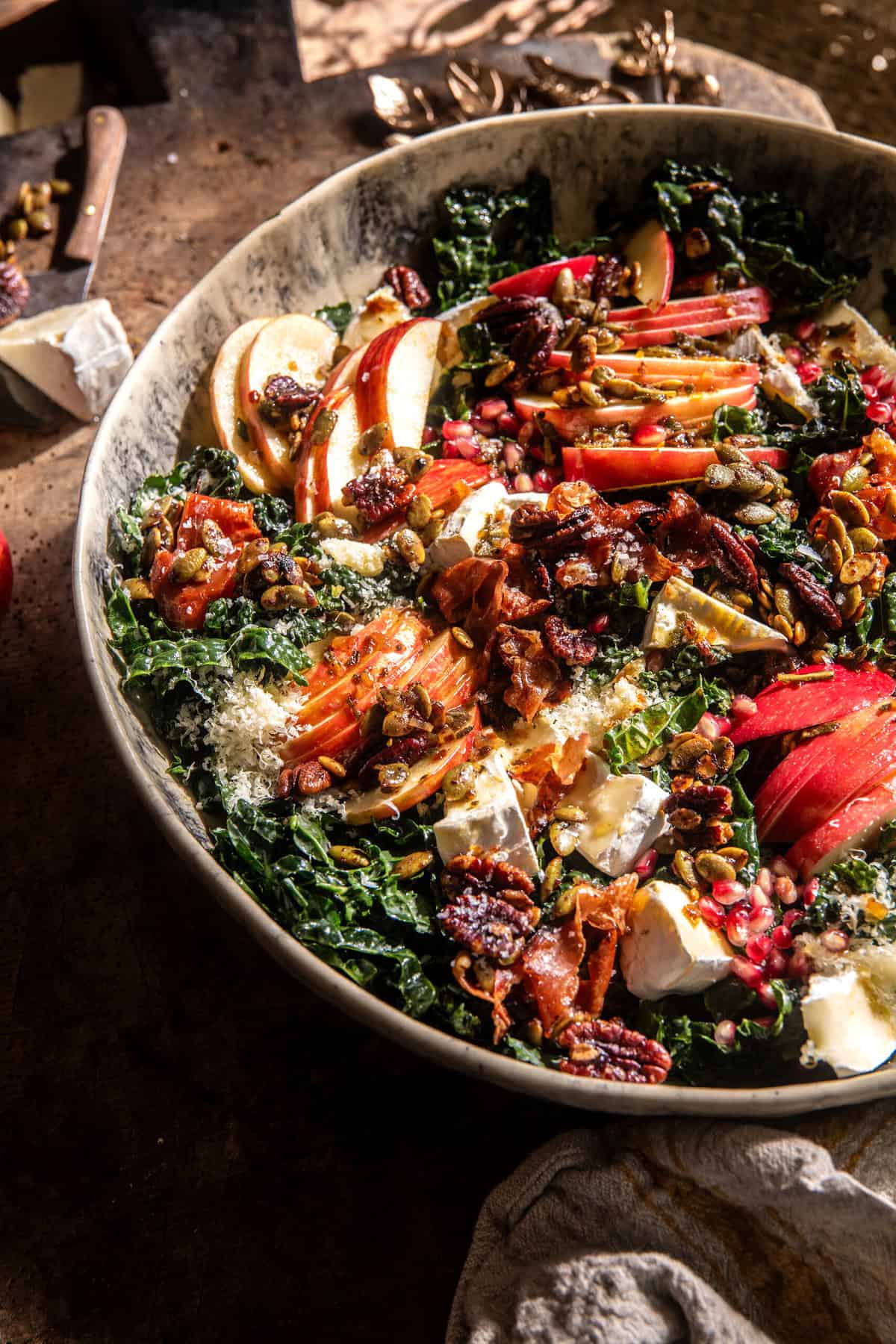 Harvest Brie and Cheddar Apple Kale Salad | halfbakedharvest.com
