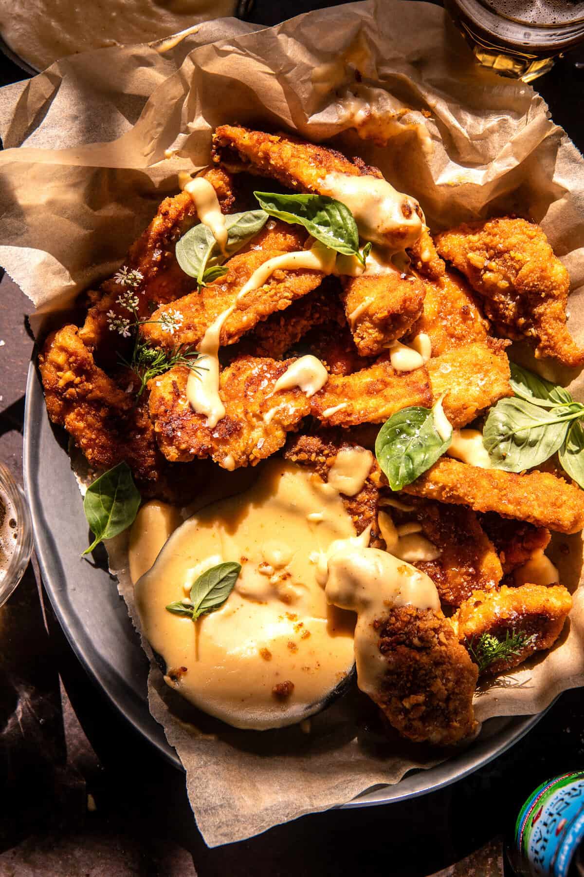 Pretzel Chicken Fingers with Spicy Honey Mustard Sauce | halfbakedharvest.com