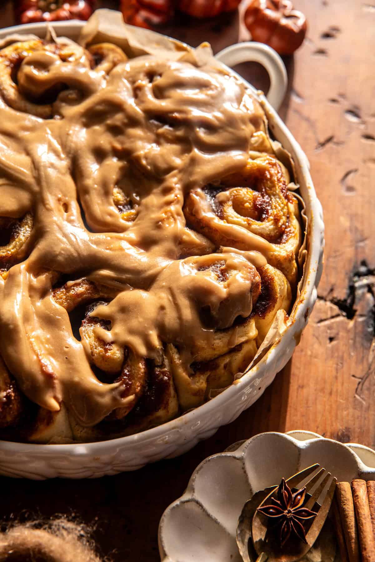 Pumpkin Butter Cinnamon Rolls with Coffee Icing | halfbakedharvest.com