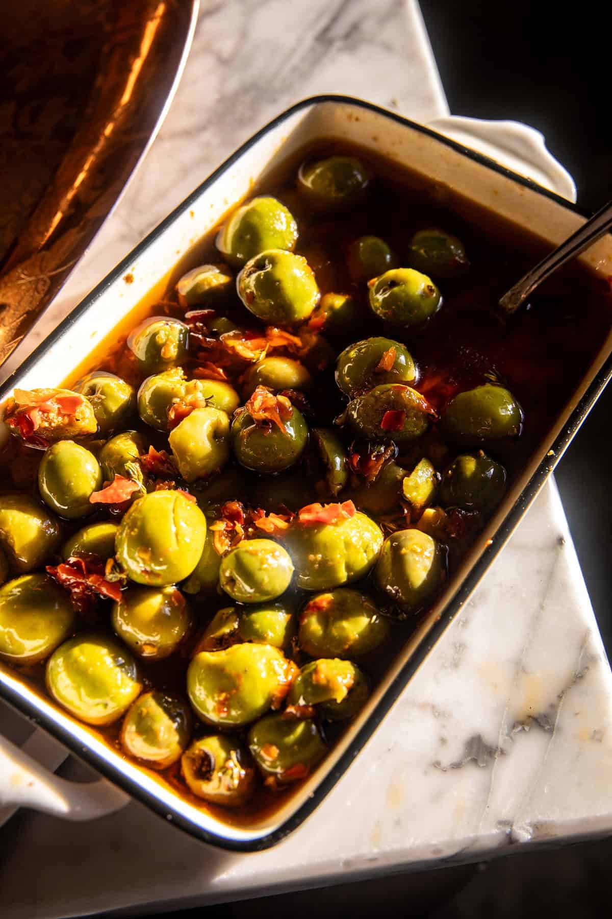Caramelized Honey Baked Brie with Warm Olives | halfbakedharvest.com