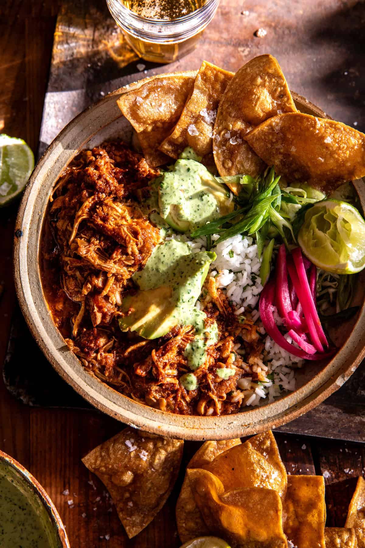 Crockpot Salsa Verde Chicken Tortilla Bowl | halfbakedharvest.com