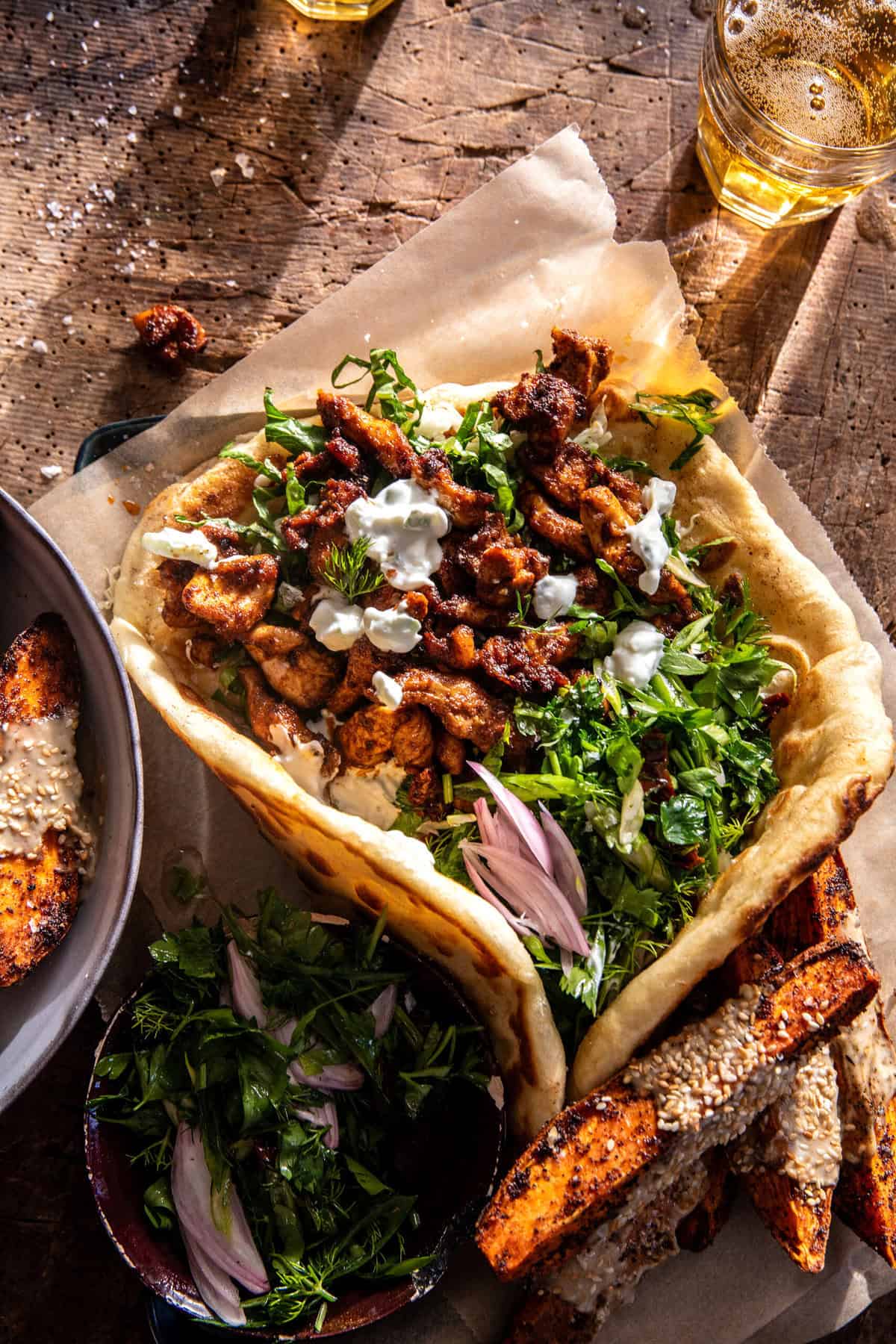 Curry Chicken Gyro and Tahini Sweet Potatoes | halfbakedharvest.com