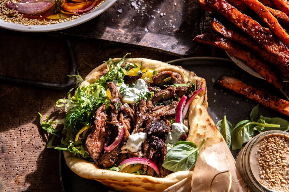 Sheet Pan Steak Gyros with Feta Tzatziki Sauce | halfbakedharvest.com