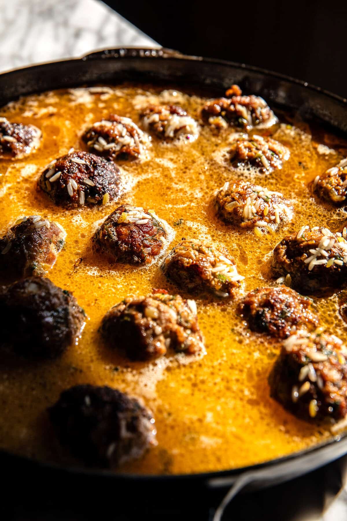 One Skillet Greek Meatballs and Lemon Rice | halfbakedharvest.com