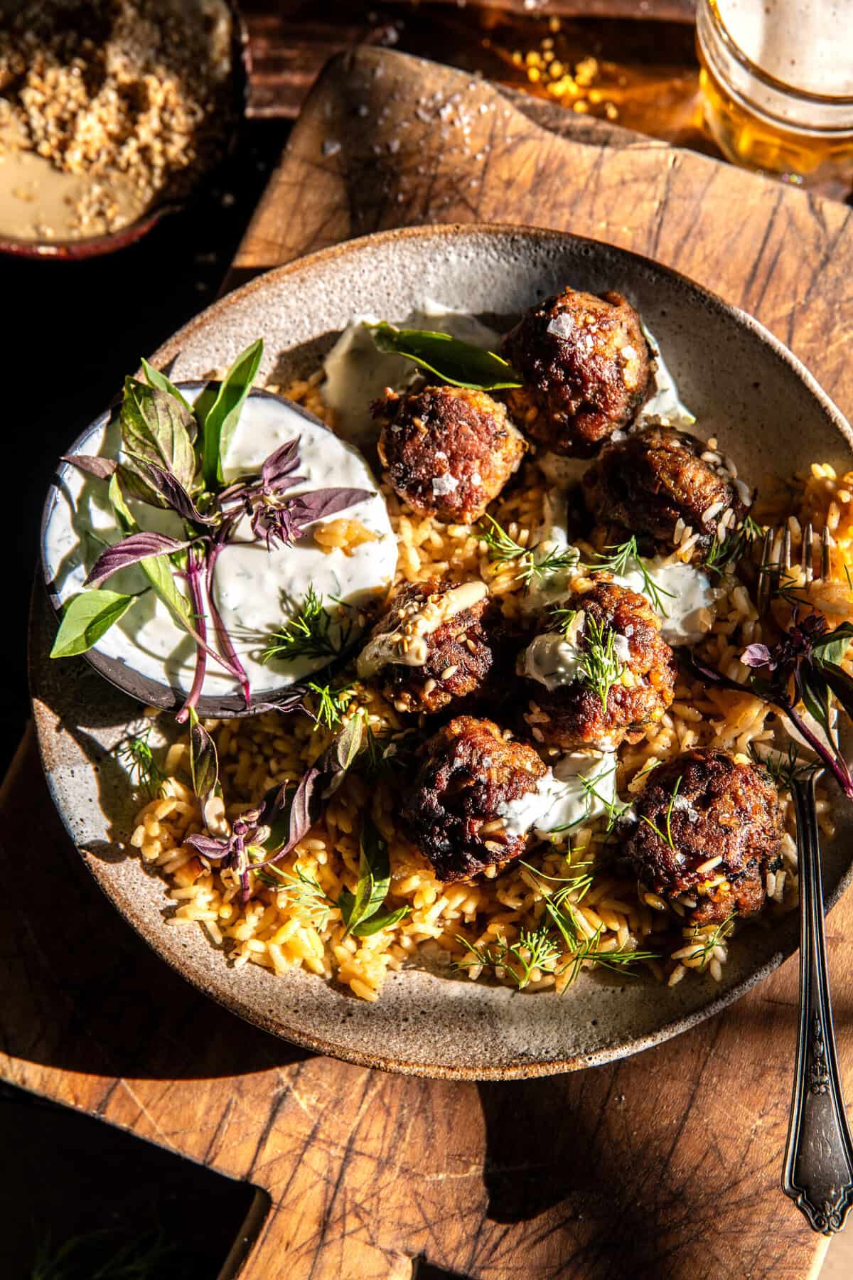 One Skillet Greek Meatballs and Lemon Rice | halfbakedharvest.com