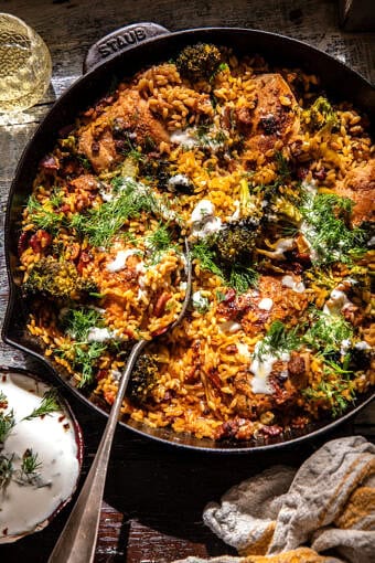 One Skillet Lemon Pepper Chicken and Orzo with Feta Sauce | halfbakedharvest.com