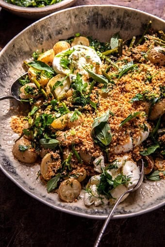 Roasted Asparagus and Potatoes with Sesame Breadcrumbs and Burrata | halfbakedharvest.com