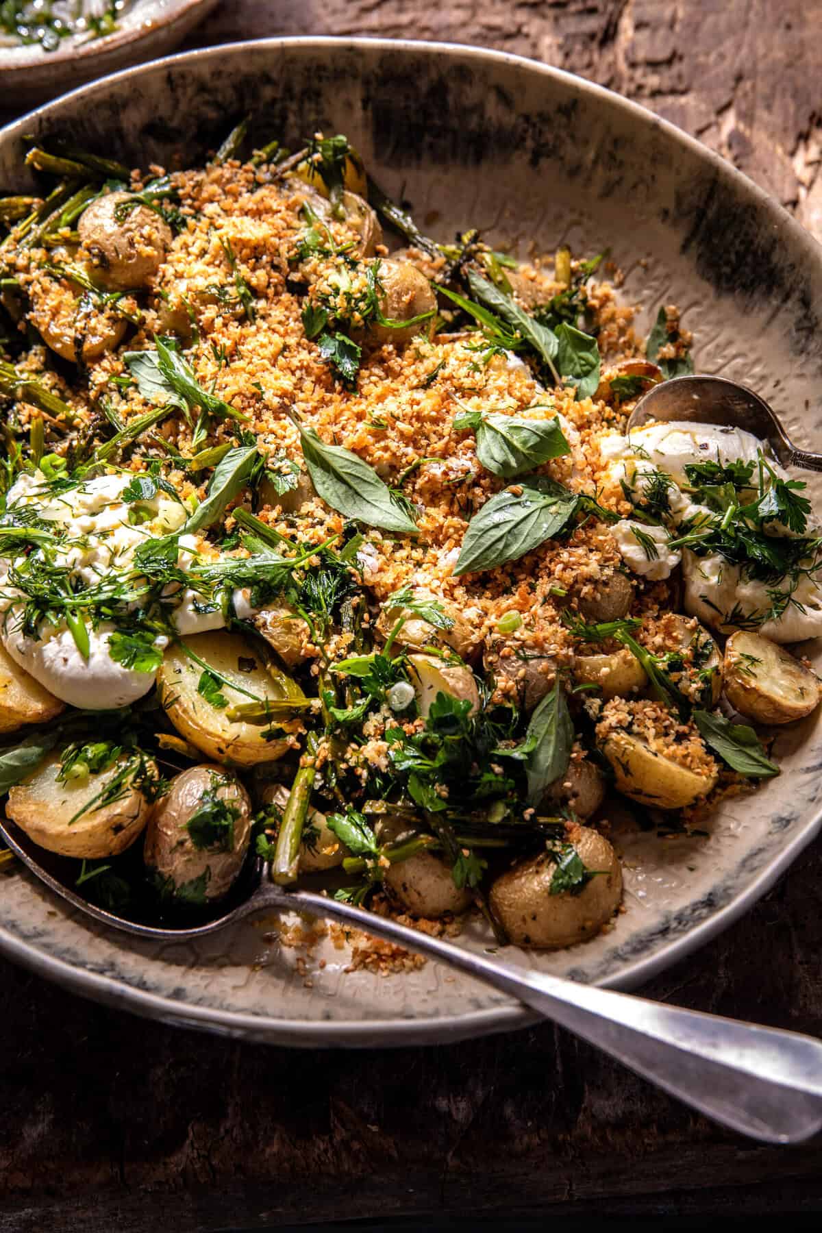 Roasted Asparagus and Potatoes with Sesame Breadcrumbs and Burrata | halfbakedharvest.com